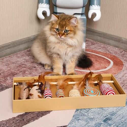 Cat Toy Hemp Rope Interactive Stick Funny Wooden Funny Cat Stick Set Non-toxic and Safe Cat Toy Wooden Sisal Feather Bell Ball