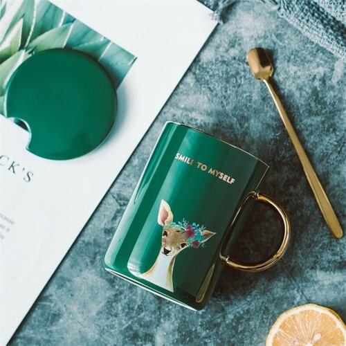 Ceramic Green Glaze Cartoon Animal Pattern Coffee Mug with Lid and Spoon Large Capacity Drinkware Creative Office Tea Milk Cup