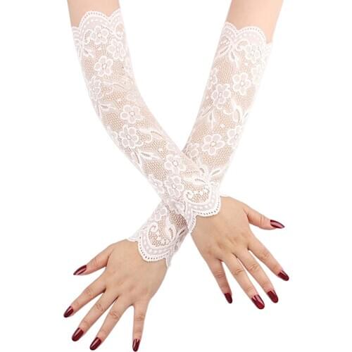TiaoBug Summer Women Long Floral Lace Sun UV Protection Arm Sleeves Fingerless Mitten Elegant Ladies Wedding Party Bridal Gloves