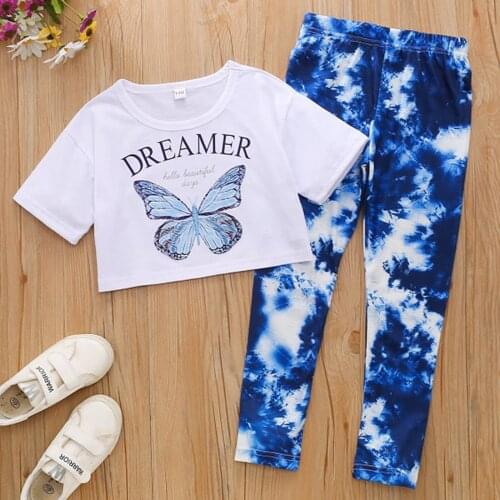 Toddler Baby Girls Summer Clothes Butterfly Print O-Neck Short Sleeve T-shirts Tops+ Tie-Dyed Long Pants Children Outwear