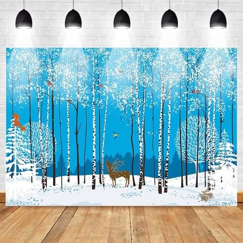 Cartoon Winter Animal Photography Backdrops Christmas Snow Jungle Forest Birthday Party Banner Decor Background Birds Elk Rabbit