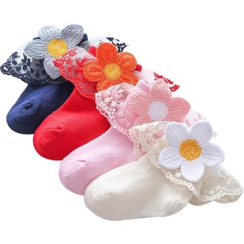 Newborn Infant Children Girls Princess Ruffle Socks Baby Toddler Sunflower Applique Lace Cute Cotton Soft Autumn Socks 0-3Y