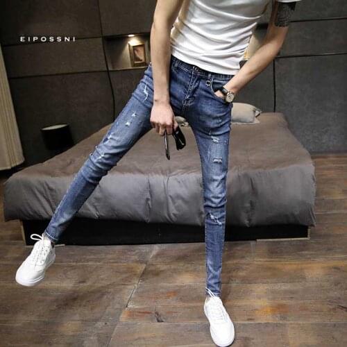 2021 New Fashion spring autumn Ripped hole jeans slim new male student teenagers thin cotton pencil pants skinny jeans