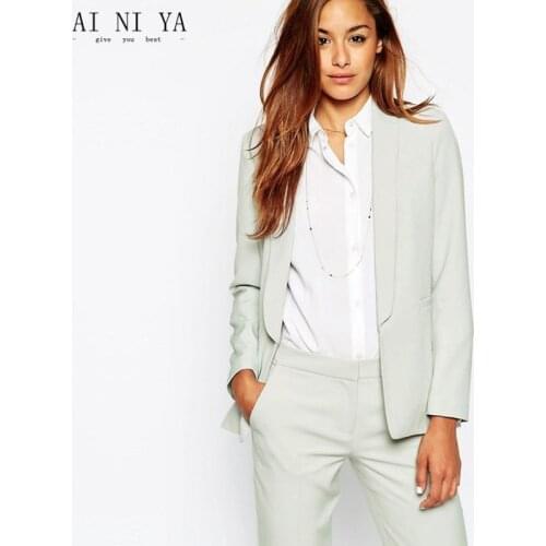 New Womens Business Suits Light Mint Green Formal Pant Suits For Weddings Tuxedos Shawl Lapel Suits For Women One Button