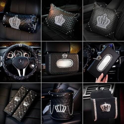 Anti Slip PU Leather Car Gear Shift Knob Cover Safety Belt Cover Handbrake Cover Crystal Rhinestone Bling Diamond Crown Key Case