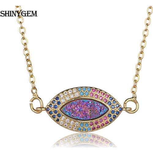 ShinyGem Turkish Evil Eye Pendant Necklace Colorful Rainbow CZ Crystal Evil Eye Necklace Bohemian Druzy Stone Necklace For Women