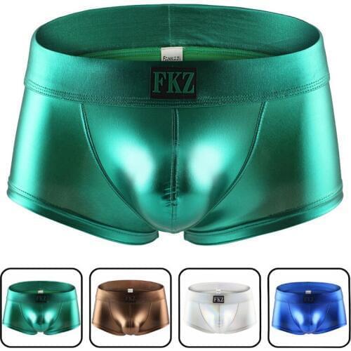 BRAVE PERSON Boxer Shorts Sexy Male Low Rise PU Leather U Bulge Underwear Gay Party Club Boxers Shorts Bikini Underpants Cueca