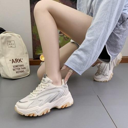 Dad Shoes Womens 2021 Autumn New round Toe Mesh Breathable Thick Bottom Increased Shallow Mouth Flat Womens Shoes Fashion