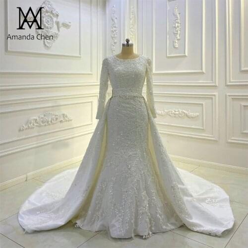 High Quality O-neck Lace Applique Muslim Mermaid Wedding dress With Detchable Skirt