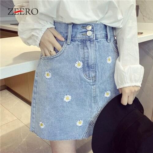 2020 Summer Women Cute Daisy Embroidery Jean Mini Skirts Female Sexy Casual Kawaii Pencil Short Denim Skirts Womens Streetwear