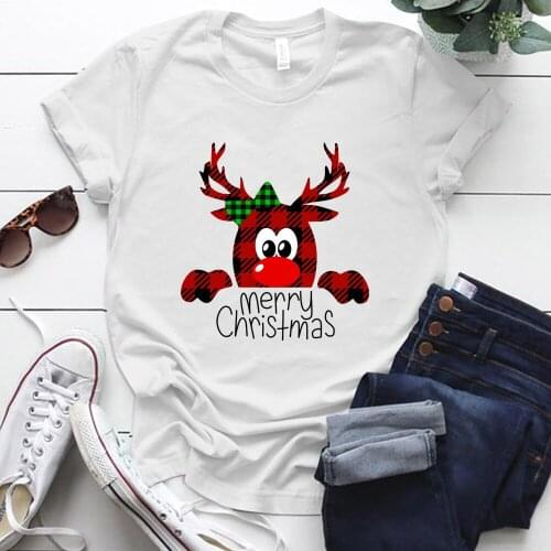 Merry Christmas Elk Print Woman Tshirts Short Sleeve S-5xl Cotton Oversized T Shirt Holiday Gift for Lady Tops T-shirty Damskie