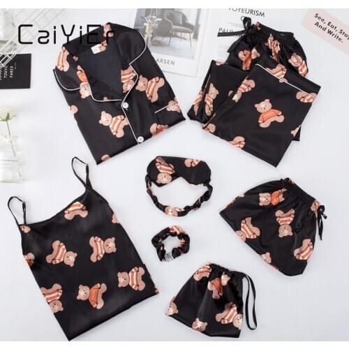 CAIYIER New 2020 Cute Bear Women Pajams Set Silk Stain 7 Pieces Sleepwear Sexy Sling Lounge Summer Autumn Nightwear Home Wear