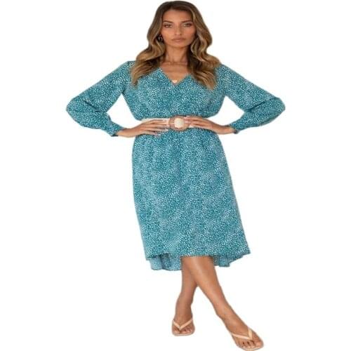 2021 Ladies Fashion High-Quality Autumn New Style V-Neck Long-Sleeved Printing Mid-Length Temperament Dress Women