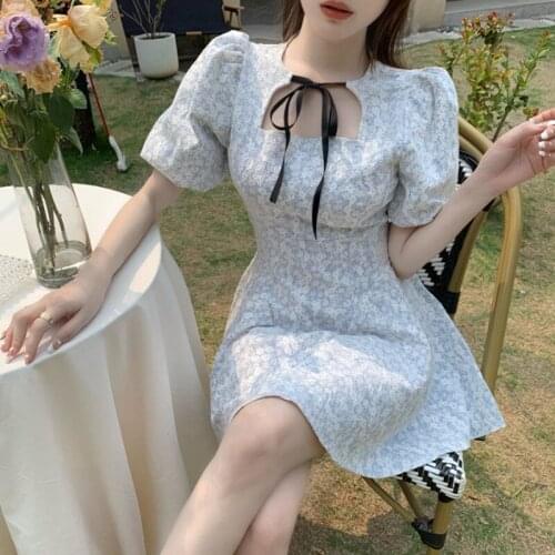 New Korean Temperament Puff Sleeve Dress Female Summer 2021 Solid Color Cute Kawaii Dress Vestido Mujer