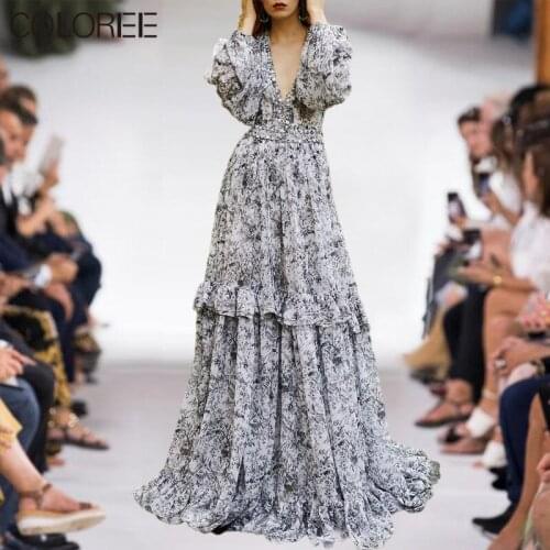 Vintage Ruffles Flower Printed Pleated Long Dresses for Women 2021 Spring Autumn Elegant V-neck Long Sleeve Maxi Dress Female