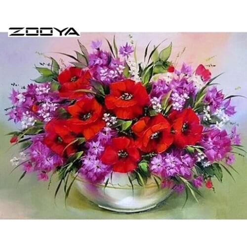 ZOOYA Diamond Embroidery Red &Purple Flower Vase 3d Cross Stitch Kits For Needlework Full Diamond Mosaic Home Decoration F642