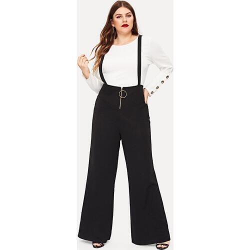 2019 plus size autumn winter High waist pants women large round buckle zipper womens black pants wide leg suspenders flare pants