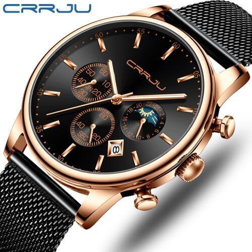Relogio Masculino CRRJU Mens Watches Top Brand Luxury Fashion Watch Slim Mesh Date Waterproof Quartz Watch For Men Blue Clock