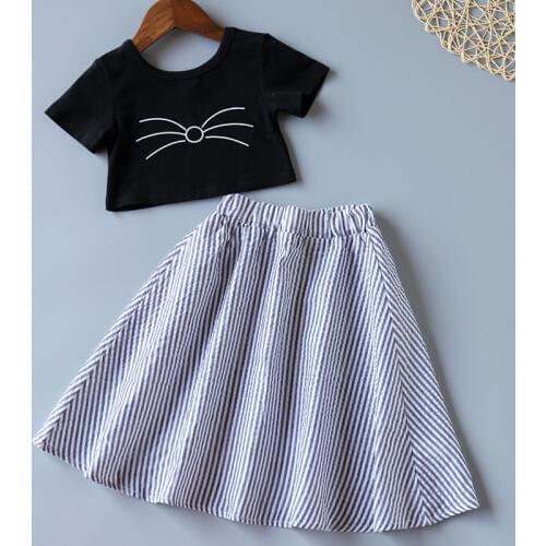 Kids Clothes Summer New Children Clothing Set For Girls 2Pcs Black Short T-Shirt + Stripe Long Skirts Toddler Girls Clothing