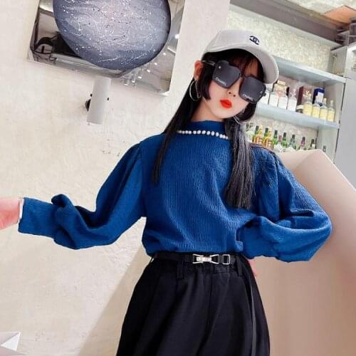 Baby Girls' Childrens Wear 2021 Fall New Big Kids Korean Version Three-dimensional Flower Temperament Pearl Collar Top