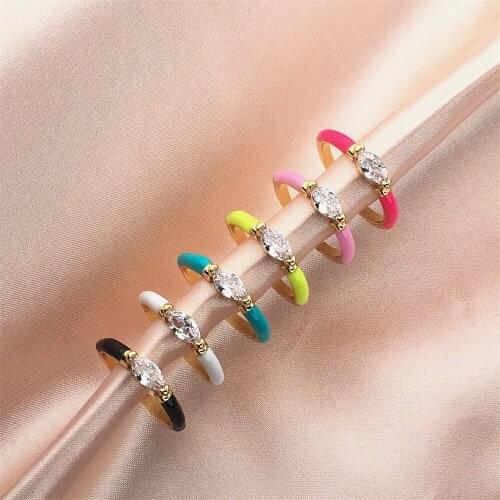 Enamel Dripping Oil Oval Zircon Ring For Women, Multicolor Adjustable Copper Gold Plated Rings Party Jewelry Gift