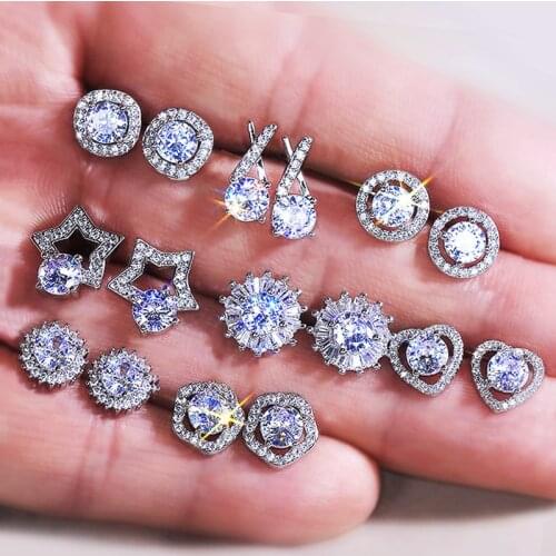 8 Kinds Classical 925 Silver Color Earrings for Women Kids Fine Jewelry 5A Moissanite Stud Earring Girls Christmas Pendientes