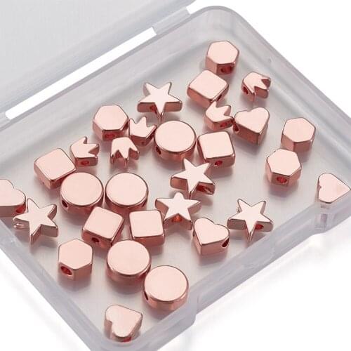 30pcs/Box Rose Gold Brass Beads Flat Round & Star & Heart & Square & Crown & Hexagon Bead for jewelry making Decor Accessories