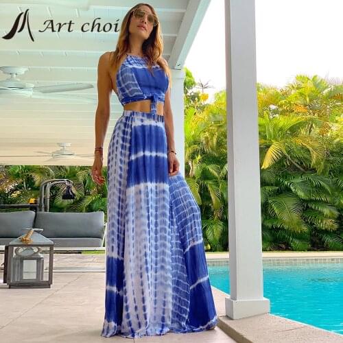 Summer Sexy Two Piece Sets Sexy Outfit Suit Women Print Tank Crop Tops Vest Backless Beach Boho Camisole Maxi Dress 2 Piece Sets