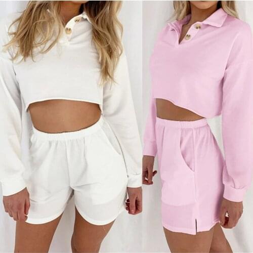 Fashion Women Sport 2 Piece Sets Tracksuit Sportswear Long Sleeve Crop Top Short T Shirts+High Waist Loose Shorts Casual Outfits