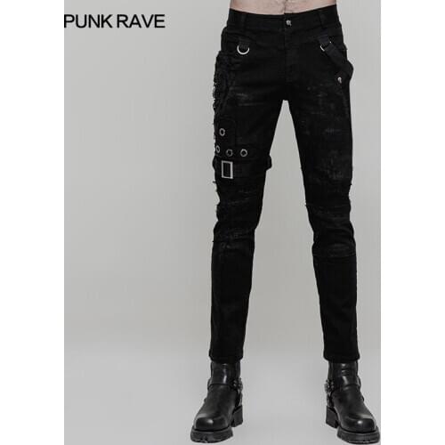 PUNKRAVE Mens Punk Personality Dilapidated Trousers Streetwear Elastic Twill Mesh Spliced Fit Casual Pencil Pants