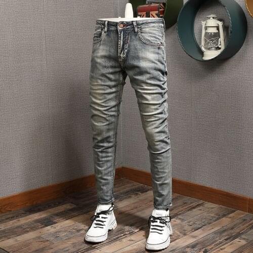 Italian Style Fashion Men Jeans High Quality Retro Vintage Designer Ripped Jeans For Men Slim Fit Elastic Cotton Denim Pants