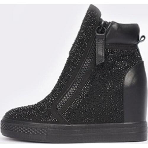 Newest Black Rhinestone Patchwork High Top Sneaker Height Increased Crystal Thick Sole Double Zip Winter Ankle Booties