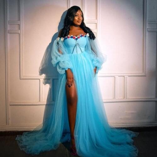 New Trendy 2021 Sky Blue See Thru Tulle Women Party Dresses Sexy High Side Split A-line Long Floral Prom Gowns Full Sleeves