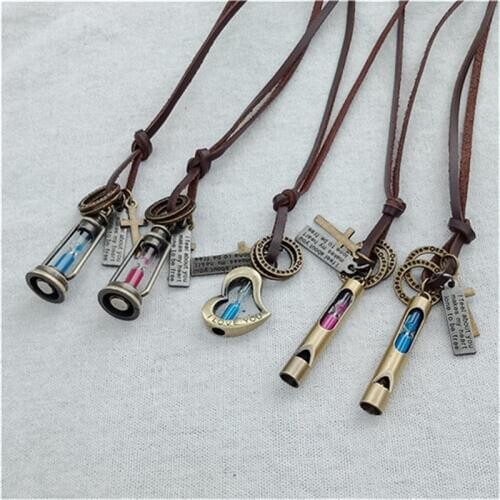 100% Genuine Leather Necklaces Outdoor Survival Multifunctional Whistle Funnel Pendants Necklace Adjustable Cool Male Jewelry