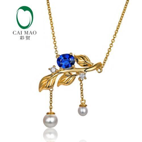 Caimao Jewelry 14kt Yellow Gold Natural 0.51ct Sapphire With Pearl and Diamond Engagement Chain Pendant