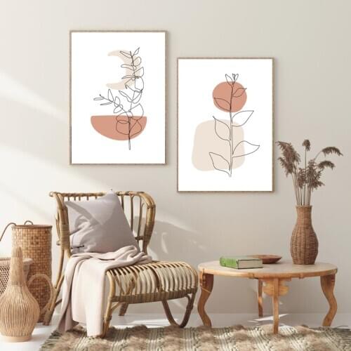 Sun and Moon Modern Minimal Line Art Prints Plants Poster Mid Century Wall Art Pictures Boho Decor Nordic Style for Living Room