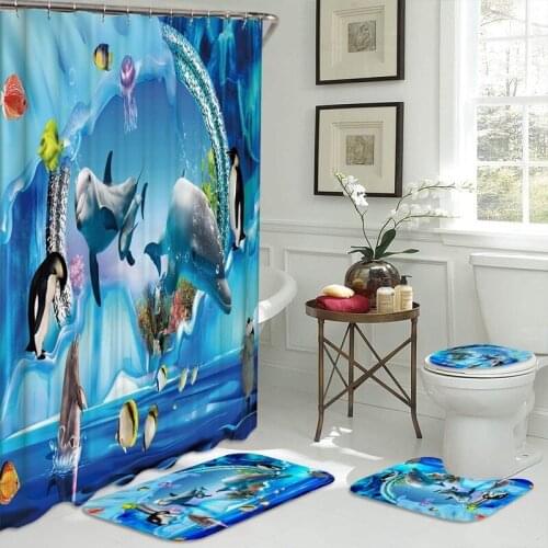 Bathroom Bath Shower Curtain Sets Sea World Dolphins Penguins Printing Durable Waterproof Toilet Cover Mat Non-Slip Rug