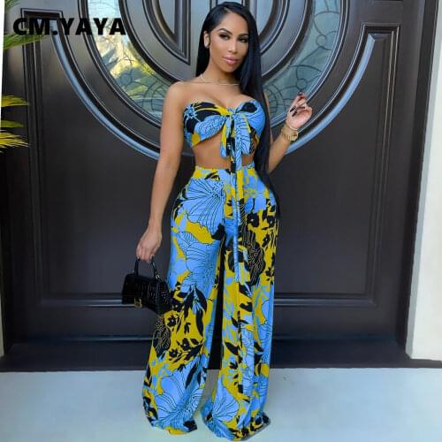 CM.YAYA Women Set Print Sleeveless Strapless Bandage Crop Tops Wide Leg Pants 2 Two Piece Sets Casual Fashion Streetwear Summer
