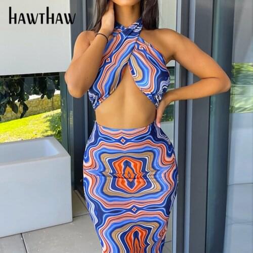 Hawthaw Women Summer Halter Tank Tops Long Pencil Skirt Printed Slim Two Pieces Set Suit Outfit 2021 Female Clothing Streetwear