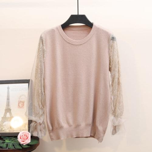 2021 autumn and winter womens thin knit tops, womens loose long-sleeved round neck lace stitching pullover sweater all-match