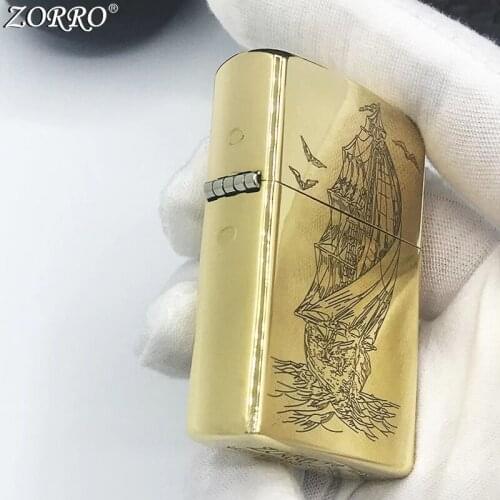 Zorro Kerosene Lighter Windproof Pure Copper Carving Sailboat Smoothly Gasoline Lighter Men Gift Smoking Kitchen Tool