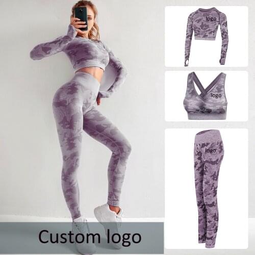 3PCS Yoga Set Women Seamless Camouflage Long sleeves Tops Shirt Fitness Leggings Sport GYM Camo Suits Tight Workout pants