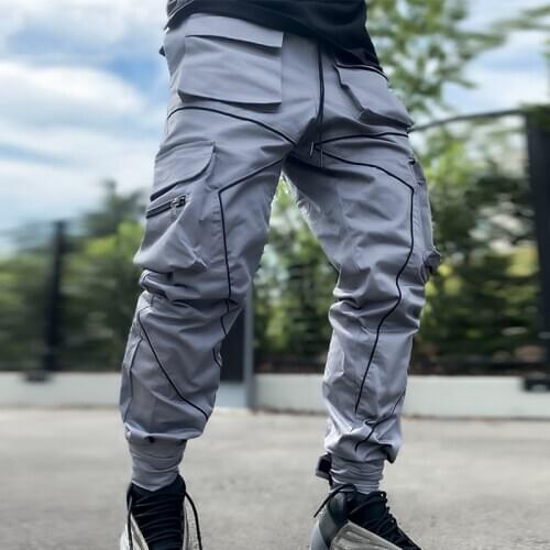 Mens Trousers Casual Cargo Work pants multi-pocket overalls loose straight men joggers outdoor running sweatpants Reflective