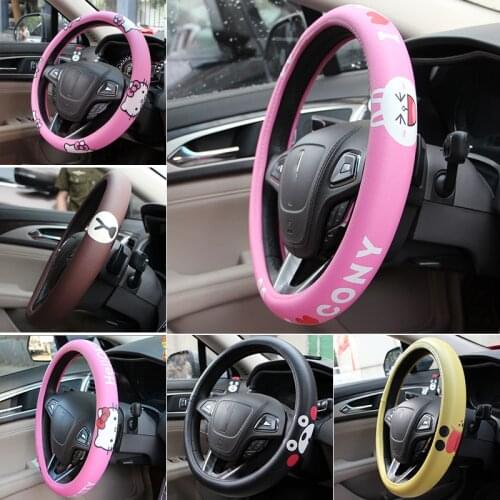 Pink Car Steering Wheel Cover for Girls Women Cartoon Cute Kitty Cat Steering Wheel Protector Pu Leather 38cm Universal Kawaii