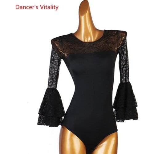 Latin Dance Body Suit Lace Onesies Flared sleeves Performance Clothes Profession Custom Top Adult Child Competition Clothing