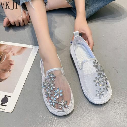 Summer Fashion Solid Color Flowers Soft Sole Comfortable Crystal Mesh Breathable Ladies Casual Shoes Single Shoes