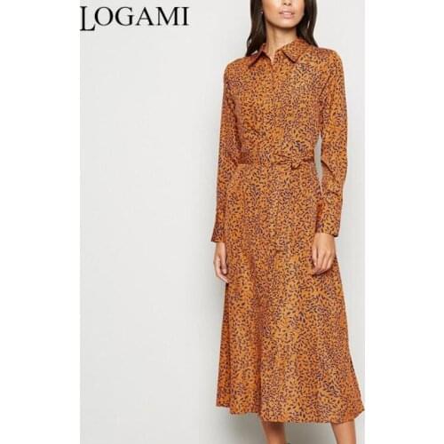 LOGAMI Print Chiffon Dress Women Spring Turn-down Collar Mid-calf Casual Dresses Womens Elegant OL Dress