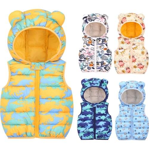 Fashion Toddler Infant Kids Baby Boys Girls Winter Cartoon Printed Windproof Down Vests Coat Hooded Warm Outwear Waistcoat#g4