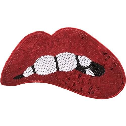 2019 New Red Lips Sequined Sew on Patches for Clothes T-shirt Large Mouth Sequins Embroidered Patch Applique Sewing DIY