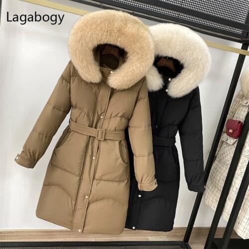 Lagabogy 2021 New Winter Women Real Fox Fur Long Hooded 90% White Duck Down Jacket Thick Warm Parkas Female Windproof Coats Belt